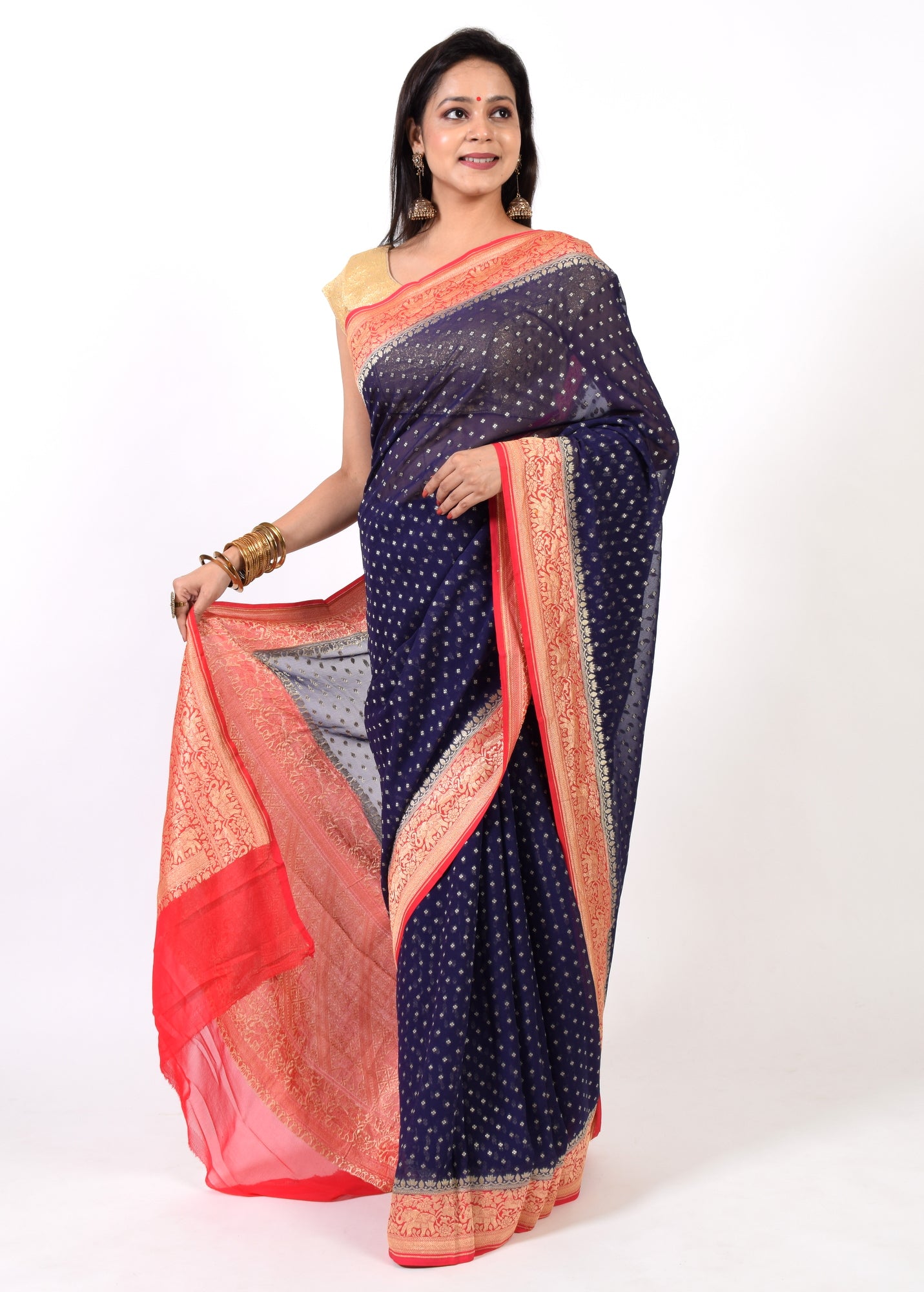 Blackish Blue Pure Khaddi Georgette Silk Banarasi Handloom Zari Woven Saree