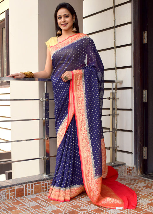 Blackish Blue Pure Khaddi Georgette Silk Banarasi Handloom Zari Woven Saree