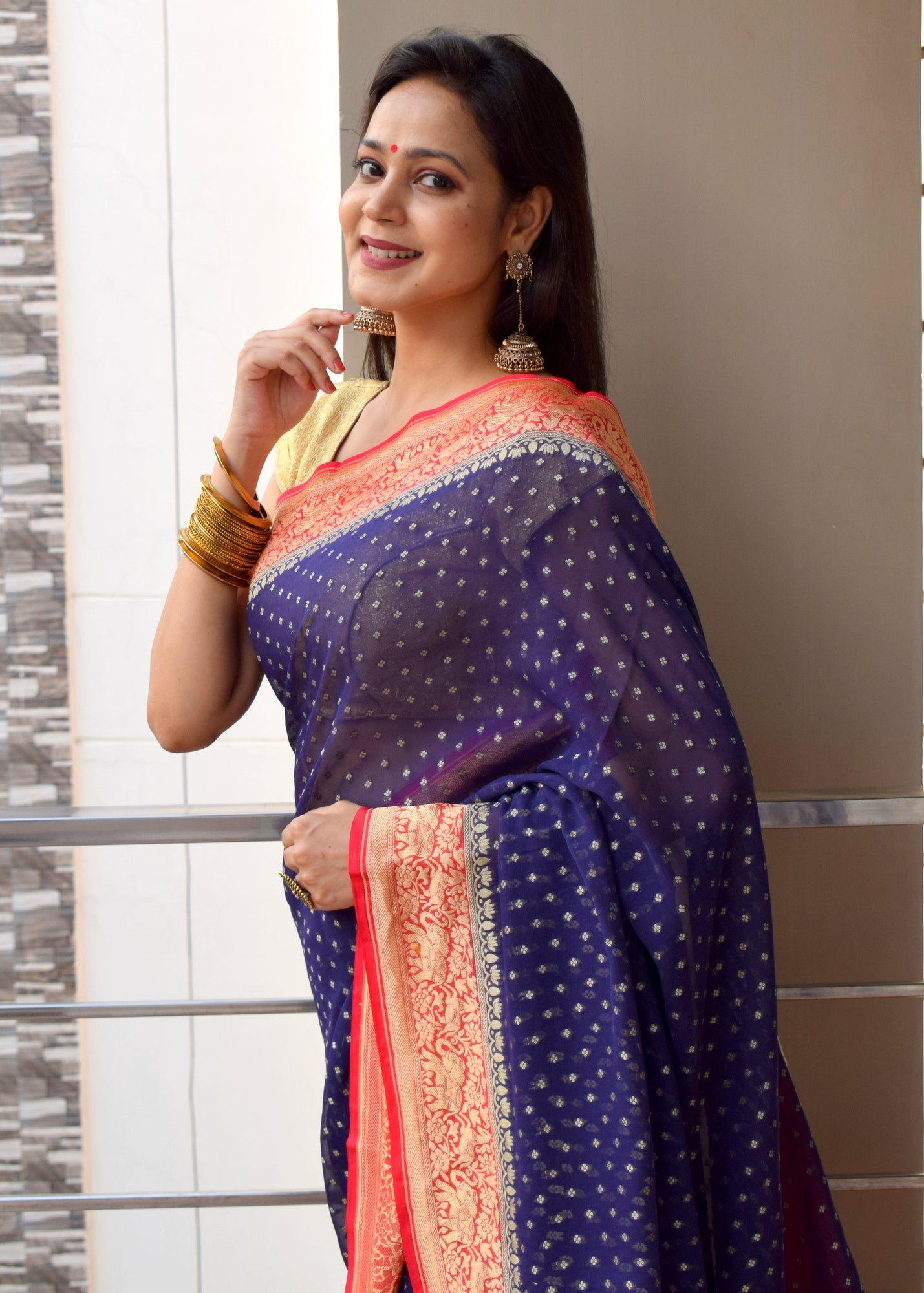 Blackish Blue Pure Khaddi Georgette Silk Banarasi Handloom Zari Woven Saree