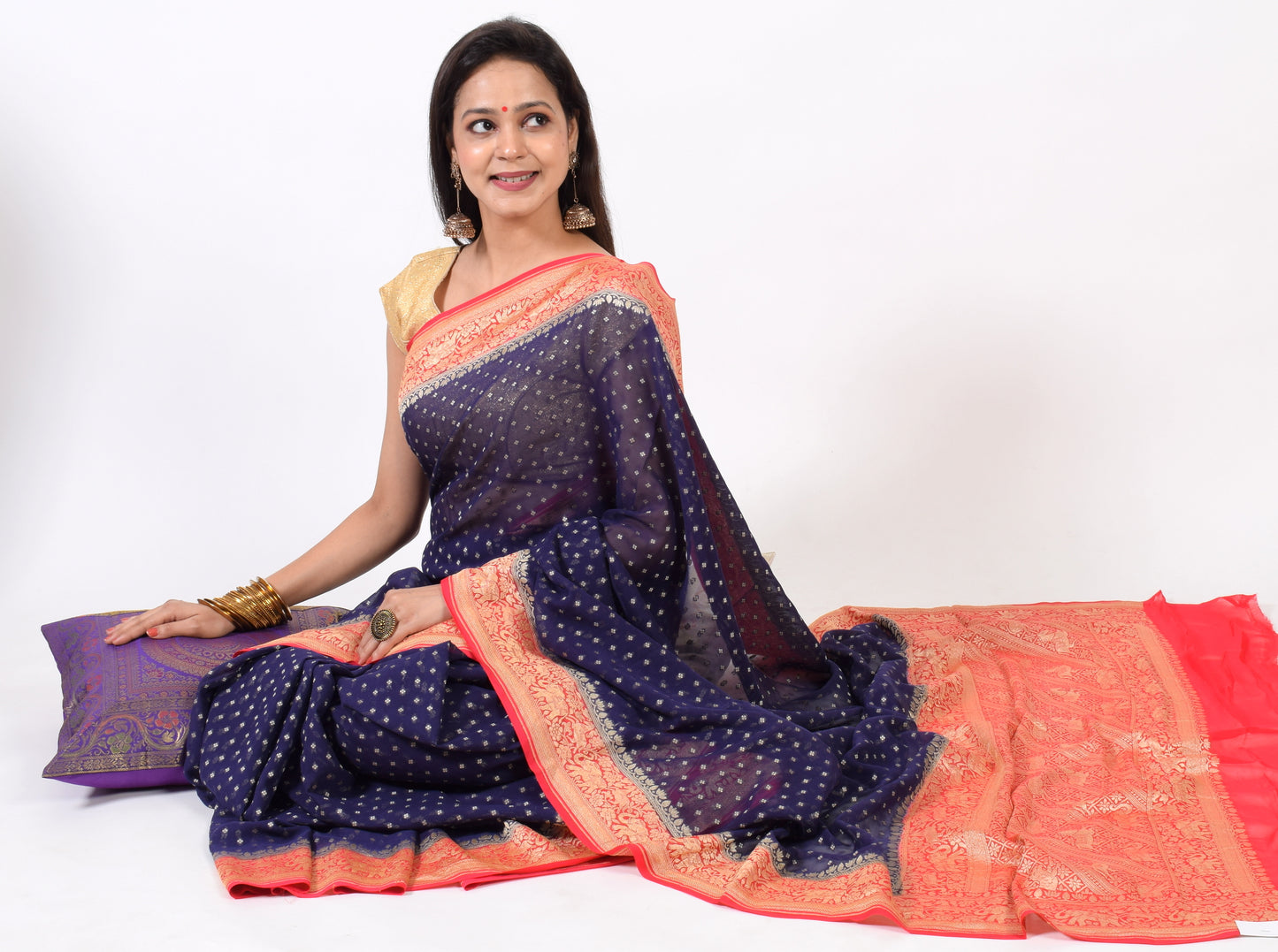 Blackish Blue Pure Khaddi Georgette Silk Banarasi Handloom Zari Woven Saree