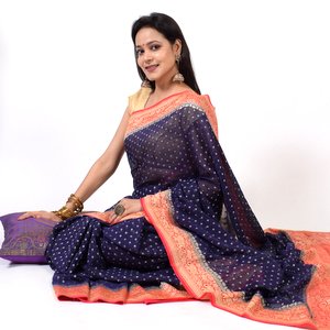 Blackish Blue Pure Khaddi Georgette Silk Banarasi Handloom Zari Woven Saree