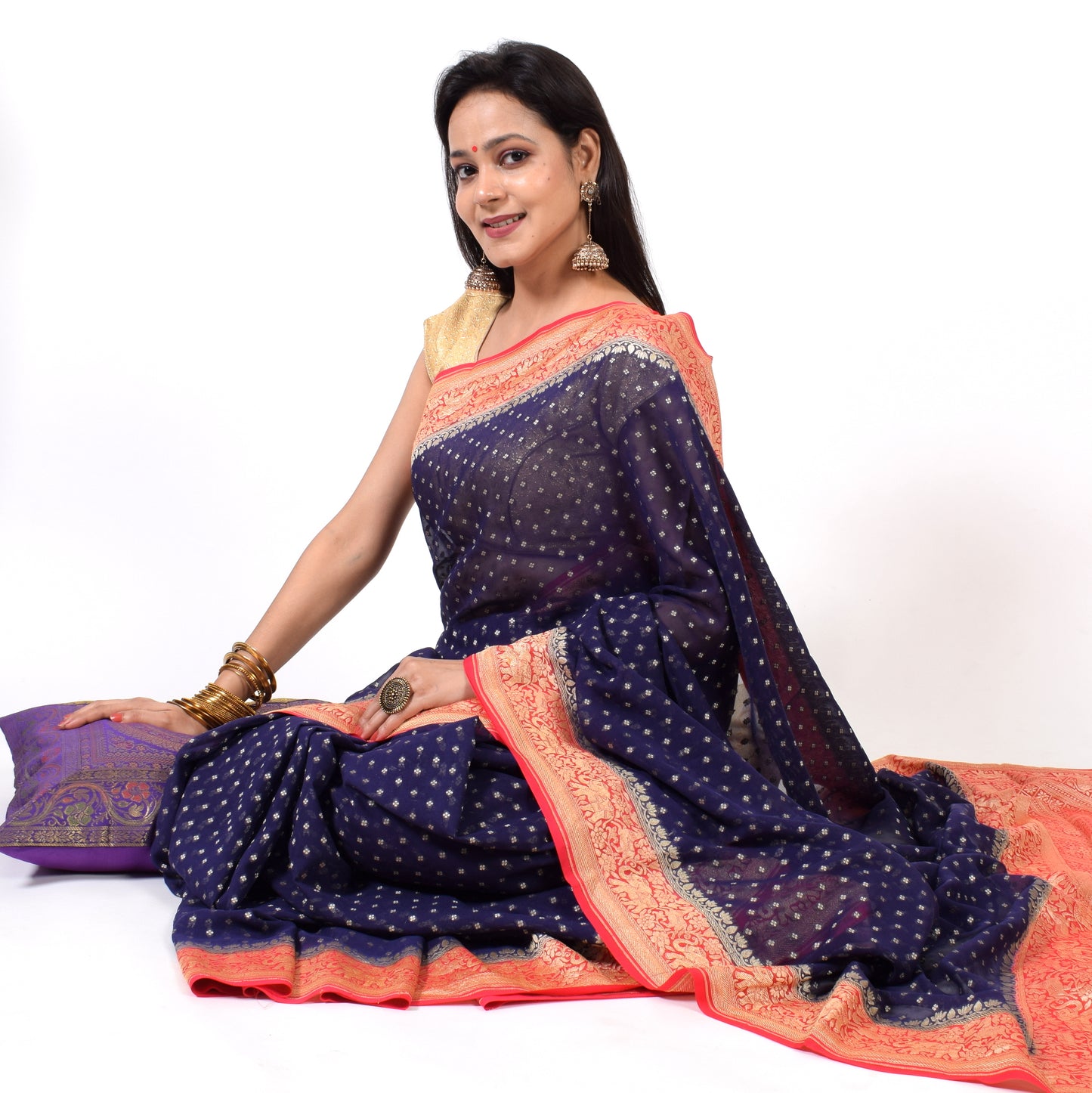 Blackish Blue Pure Khaddi Georgette Silk Banarasi Handloom Zari Woven Saree