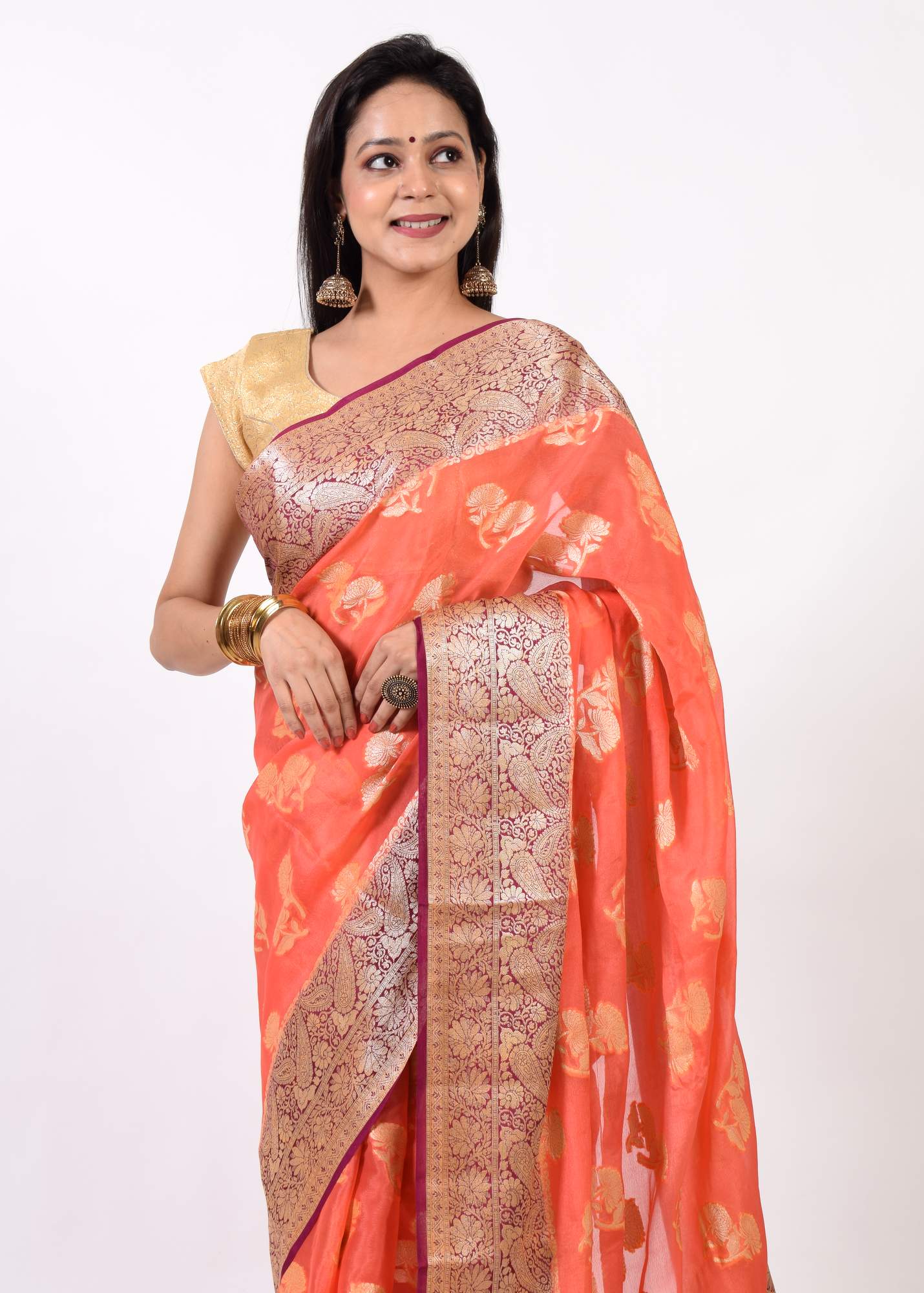 Peach & Purple Pure Khaddi Chiffon Silk Banarasi Handloom Premium Saree Fabric