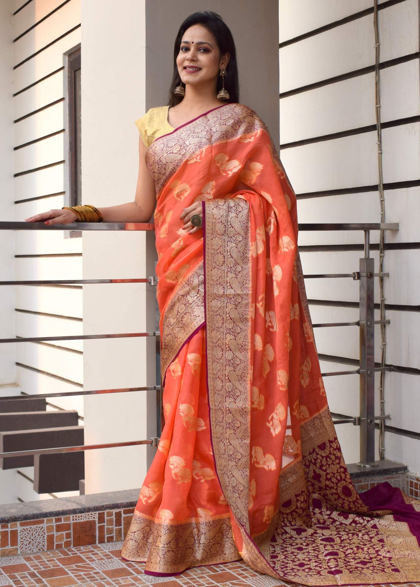 Peach & Purple Pure Khaddi Chiffon Silk Banarasi Handloom Premium Saree Fabric