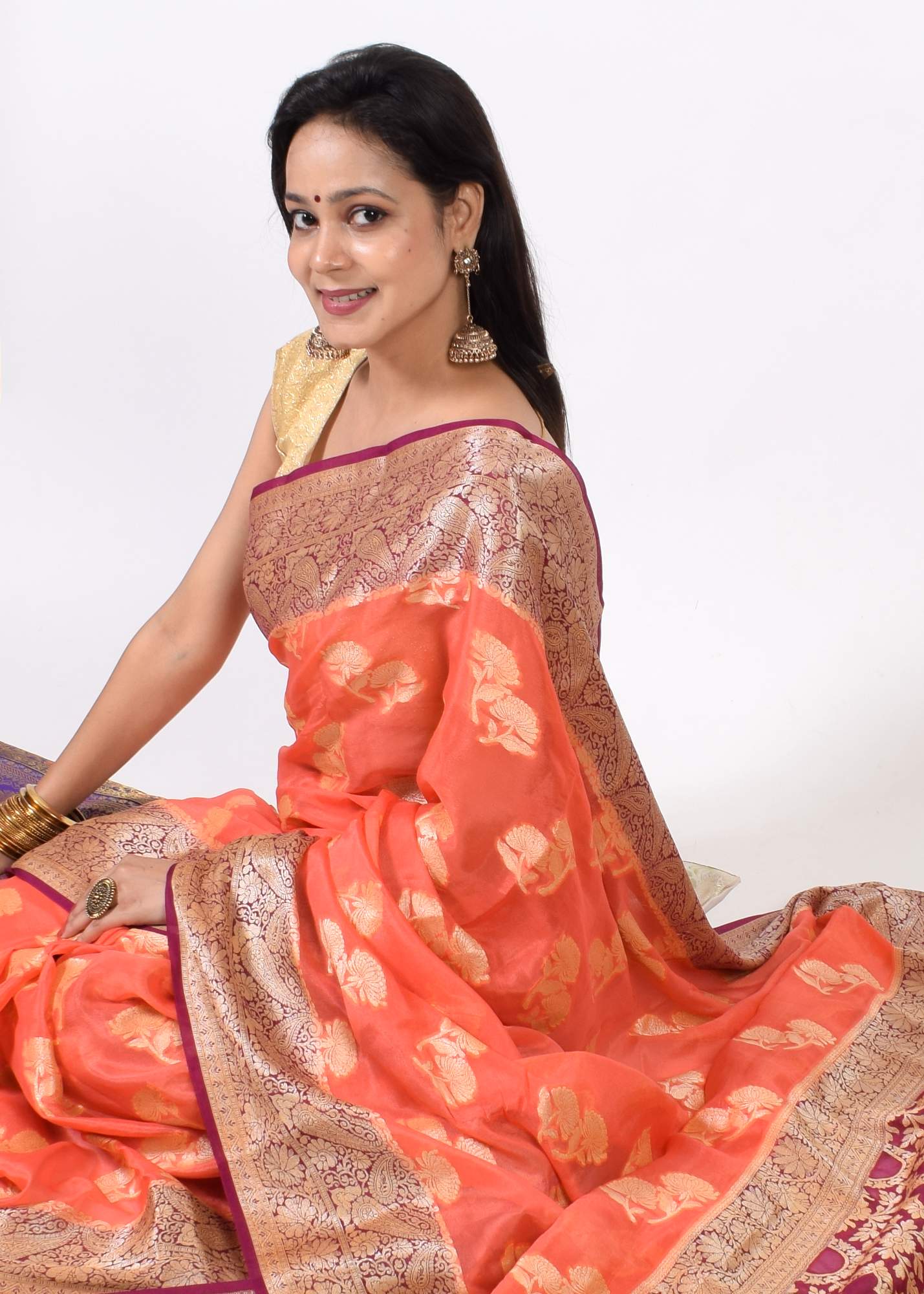 Peach & Purple Pure Khaddi Chiffon Silk Banarasi Handloom Premium Saree Fabric