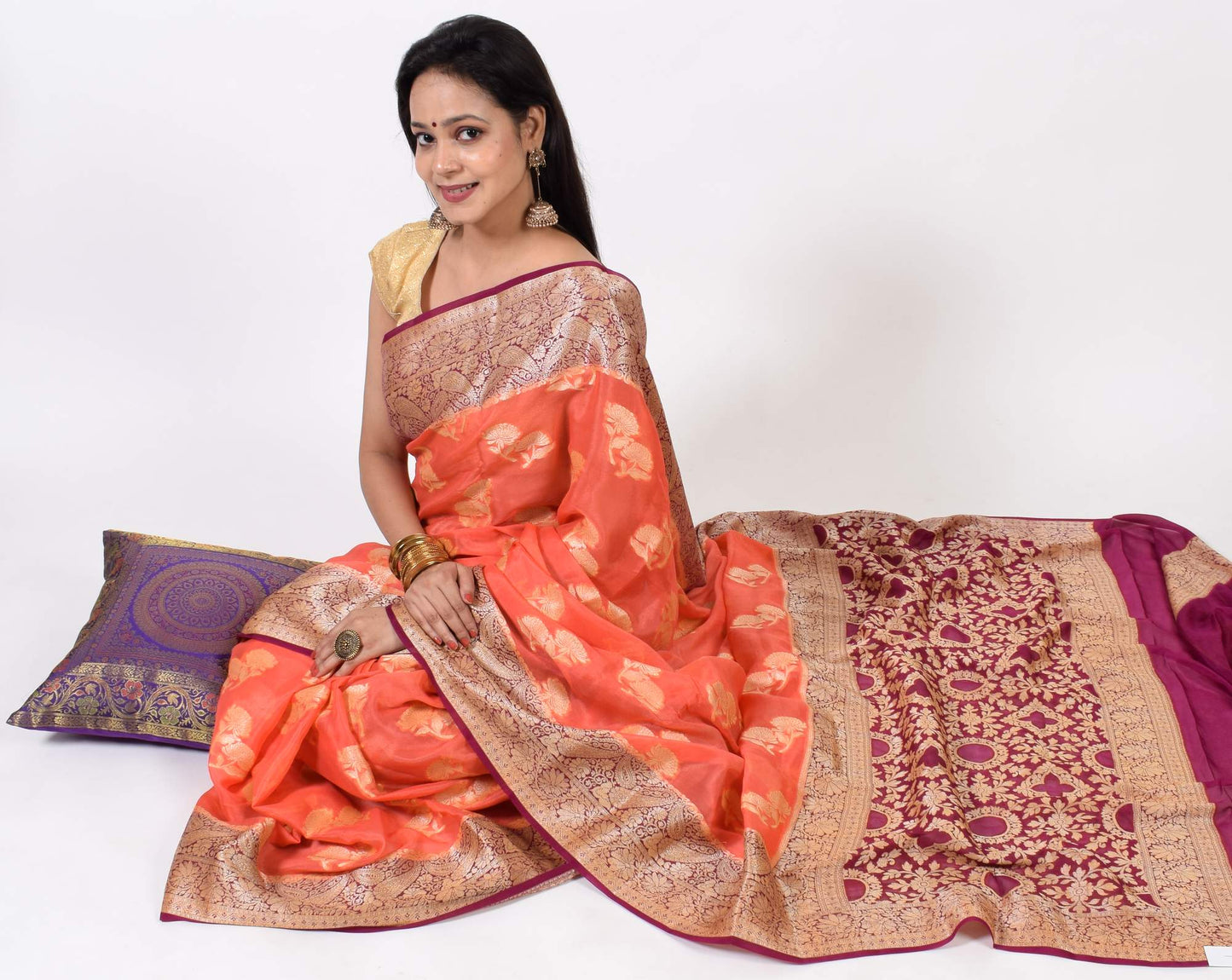 Peach & Purple Pure Khaddi Chiffon Silk Banarasi Handloom Premium Saree Fabric