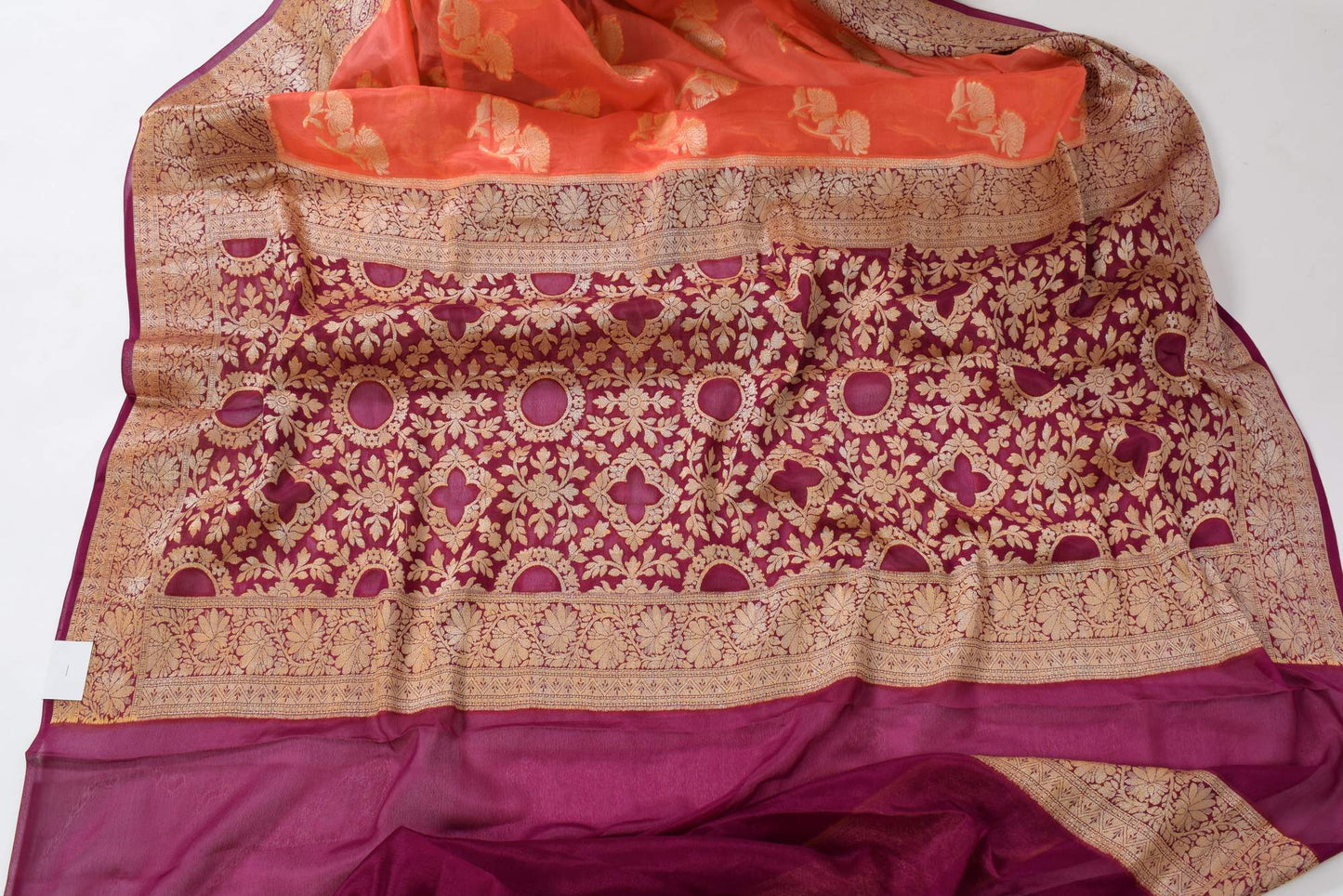 Peach & Purple Pure Khaddi Chiffon Silk Banarasi Handloom Premium Saree Fabric