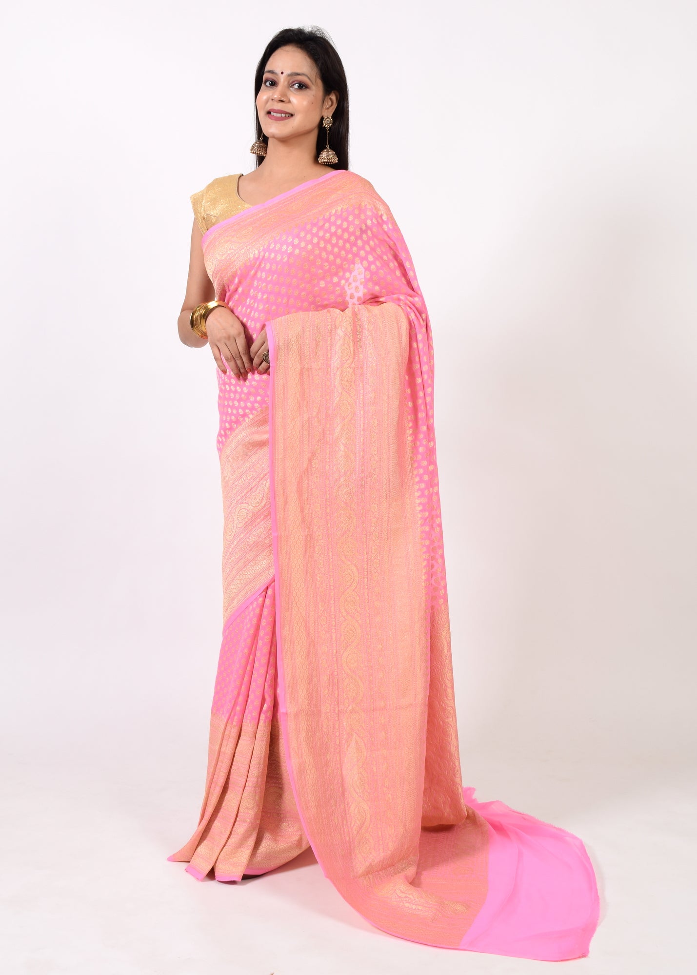 Light Pink Pure Khaddi Georgette Silk Banarasi Handloom Skirt Border Saree Woven