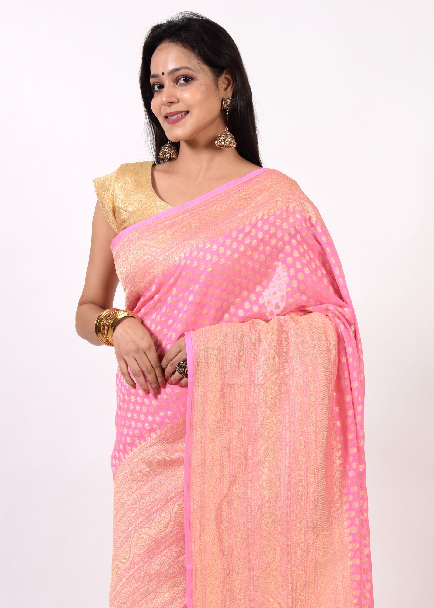 Light Pink Pure Khaddi Georgette Silk Banarasi Handloom Skirt Border Saree Woven