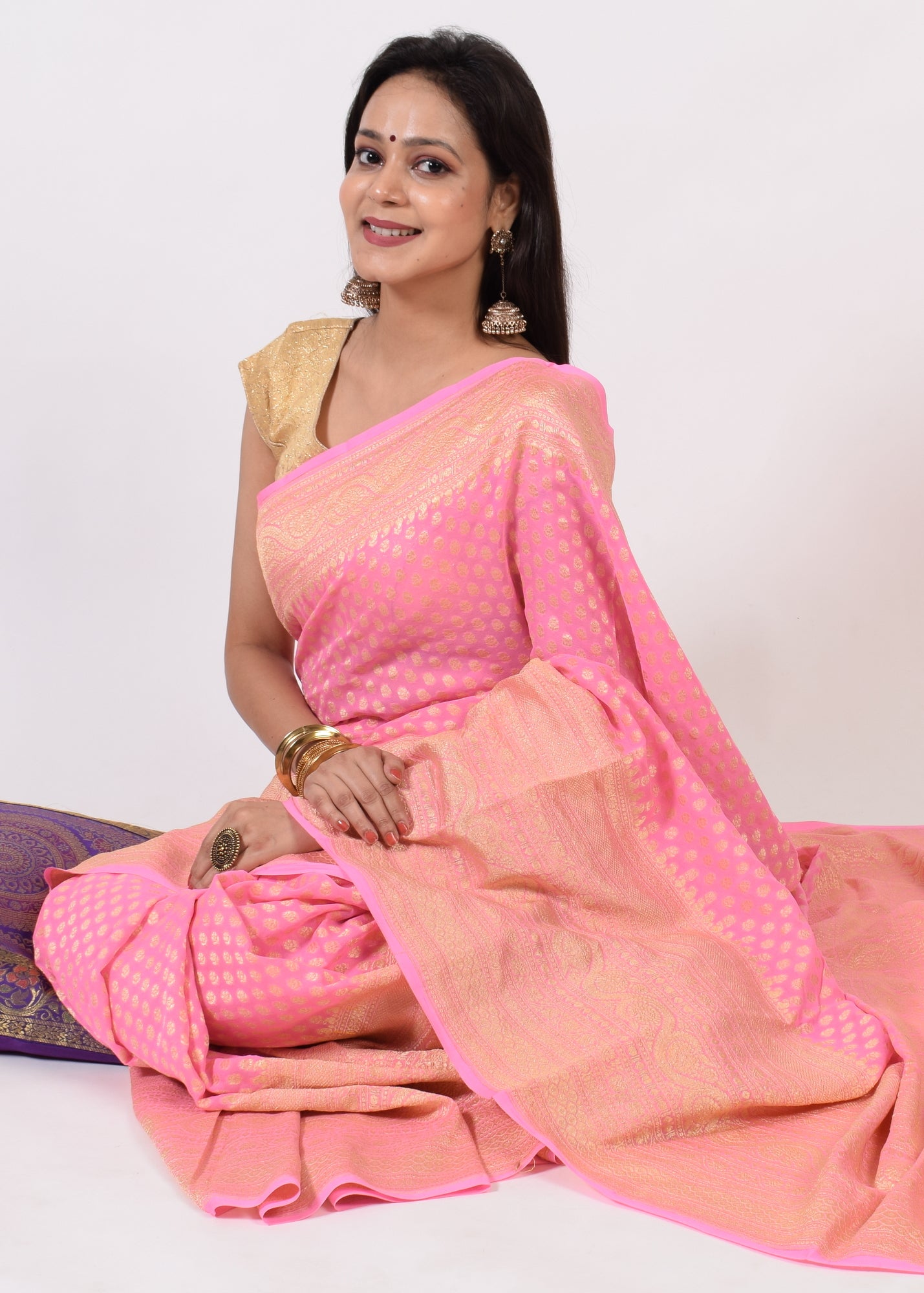 Light Pink Pure Khaddi Georgette Silk Banarasi Handloom Skirt Border Saree Woven