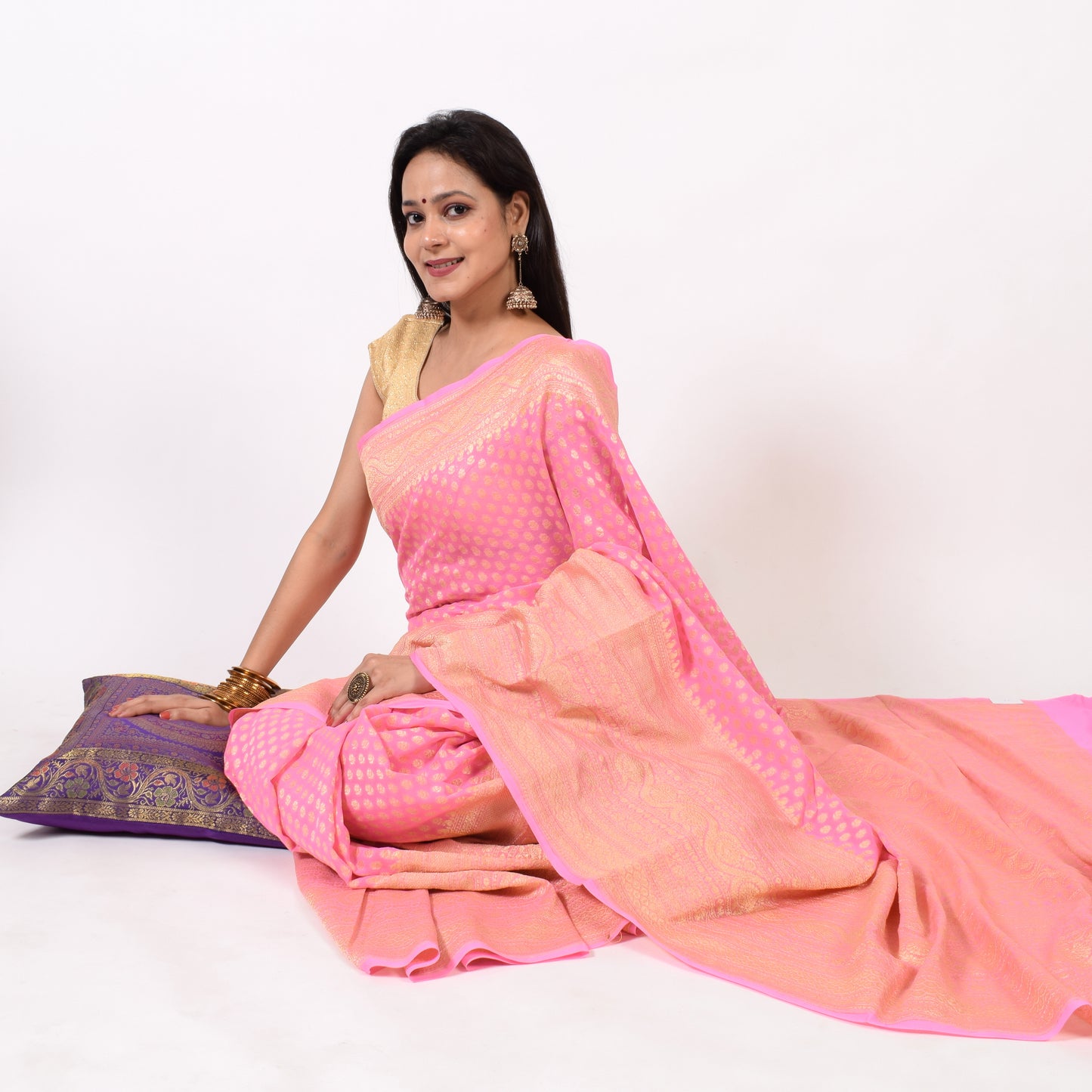 Light Pink Pure Khaddi Georgette Silk Banarasi Handloom Skirt Border Saree Woven
