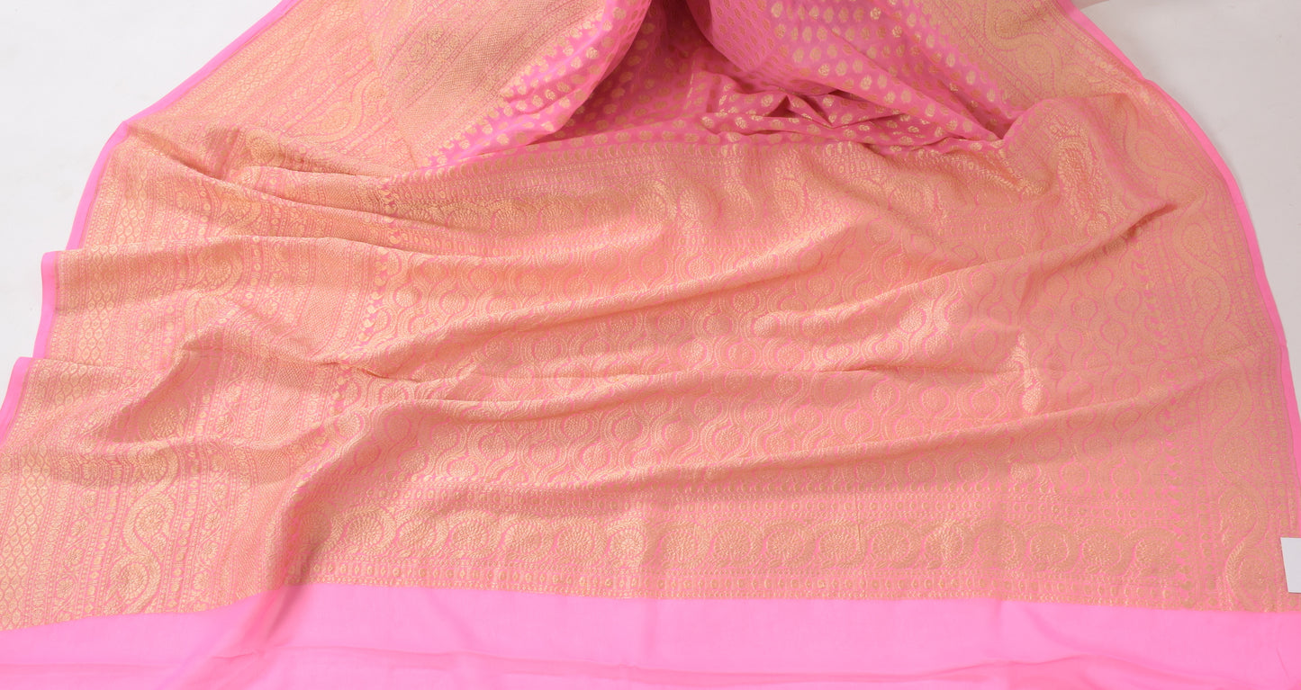 Light Pink Pure Khaddi Georgette Silk Banarasi Handloom Skirt Border Saree Woven