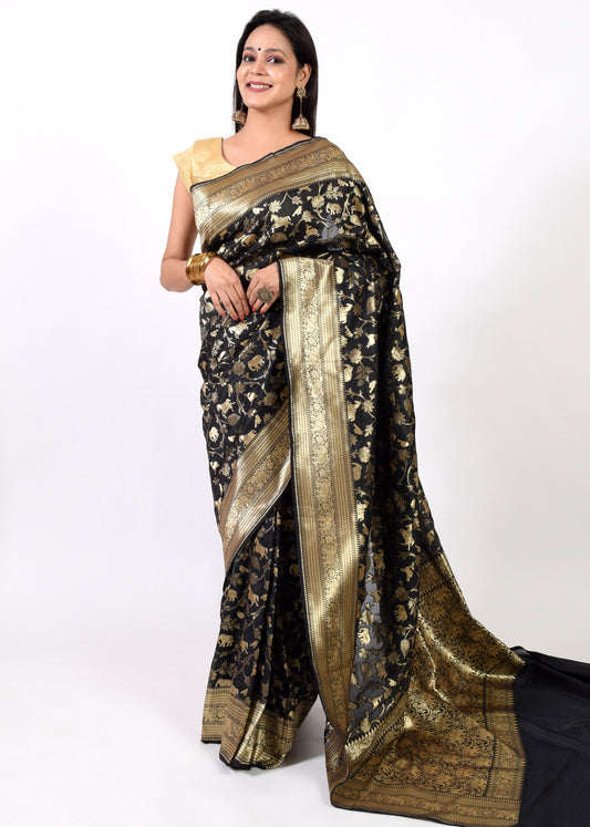 Banarasi Shikargah Zari Woven Black Sari Bend Silk Elephant Deer Birds Fabric