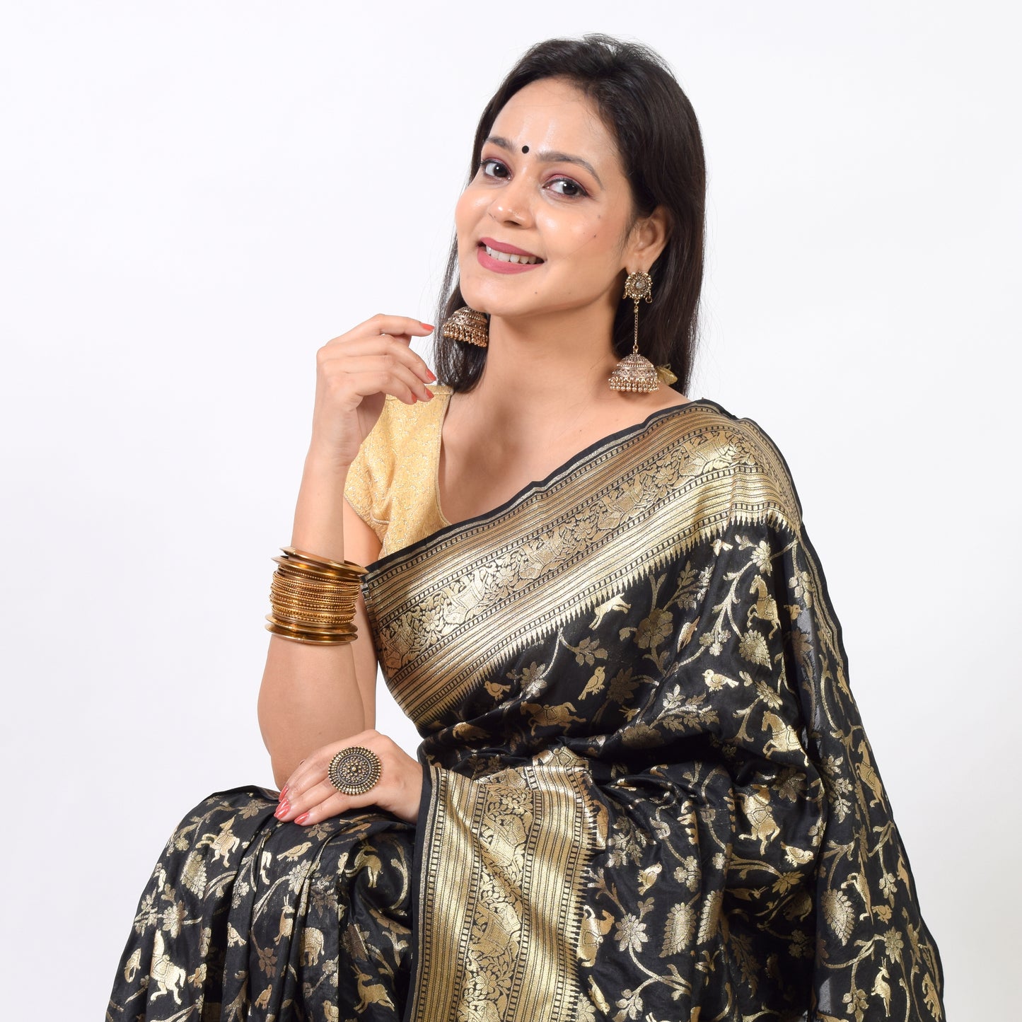 Banarasi Shikargah Zari Woven Black Sari Bend Silk Elephant Deer Birds Fabric