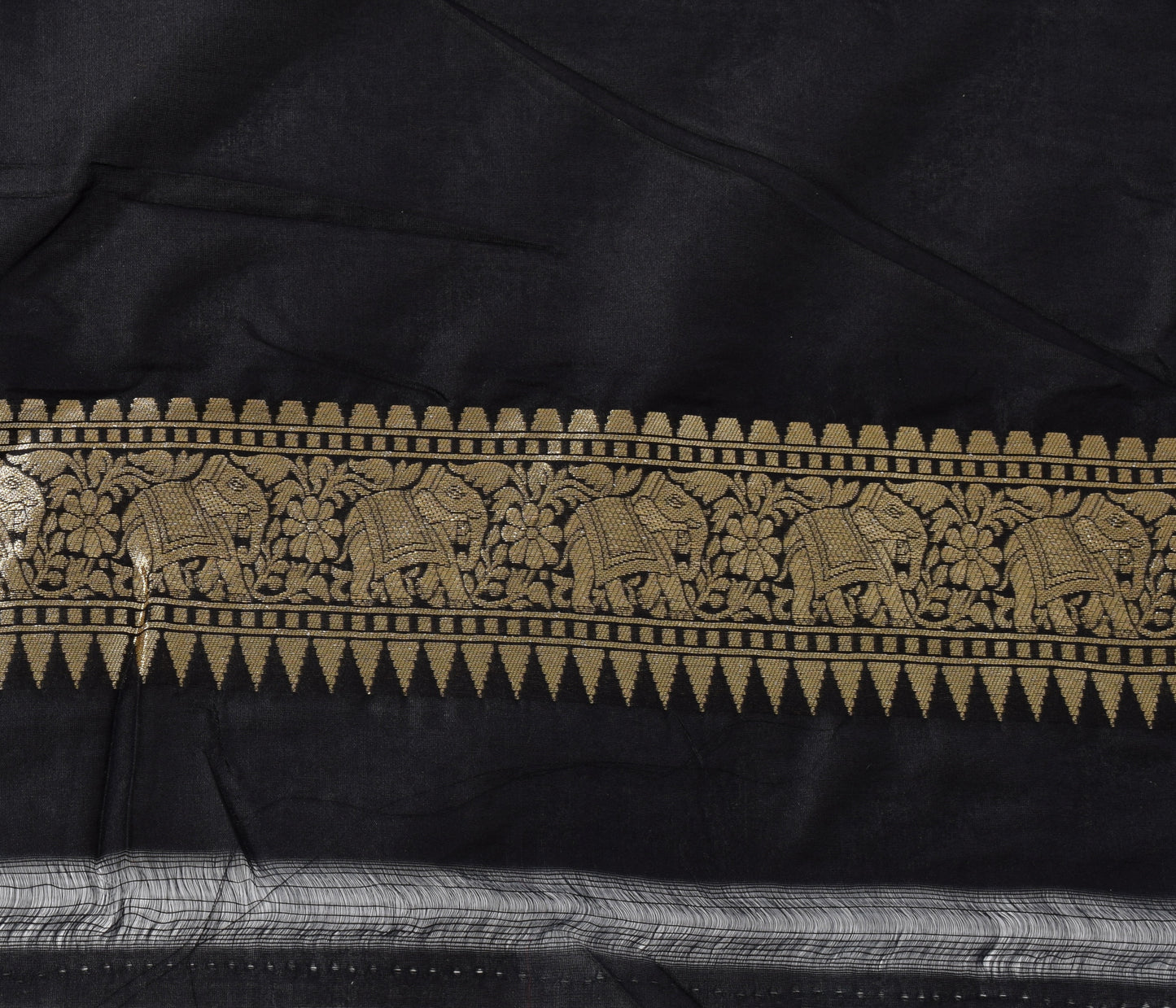 Banarasi Shikargah Zari Woven Black Sari Bend Silk Elephant Deer Birds Fabric