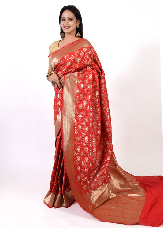 Banarasi Shikargah Saree Zari Woven Red Sari Bend Silk Elephant Birds Fabric