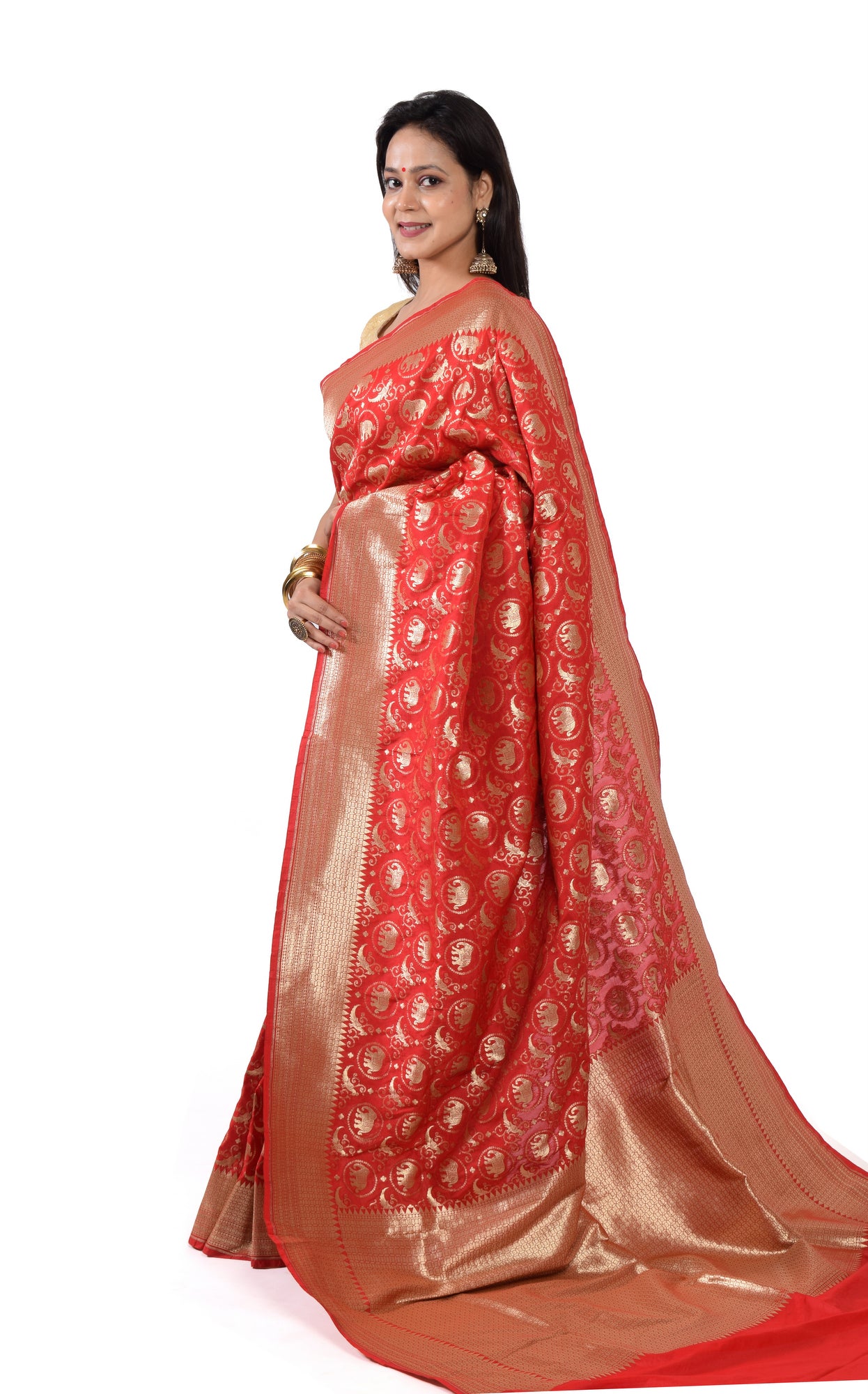 Banarasi Shikargah Saree Zari Woven Red Sari Bend Silk Elephant Birds Fabric