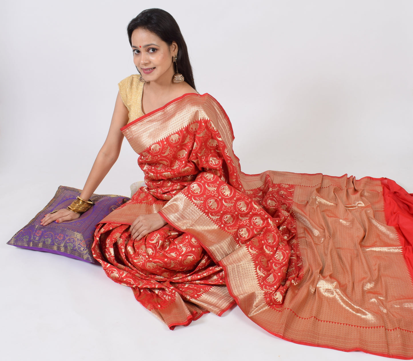 Banarasi Shikargah Saree Zari Woven Red Sari Bend Silk Elephant Birds Fabric