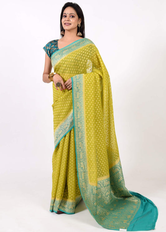 Green Pure Khaddi Georgette Silk Banarasi Handloom Premium Saree Fabric