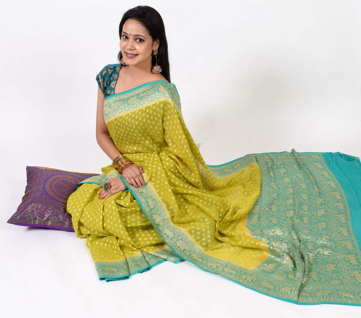 Green Pure Khaddi Georgette Silk Banarasi Handloom Premium Saree Fabric