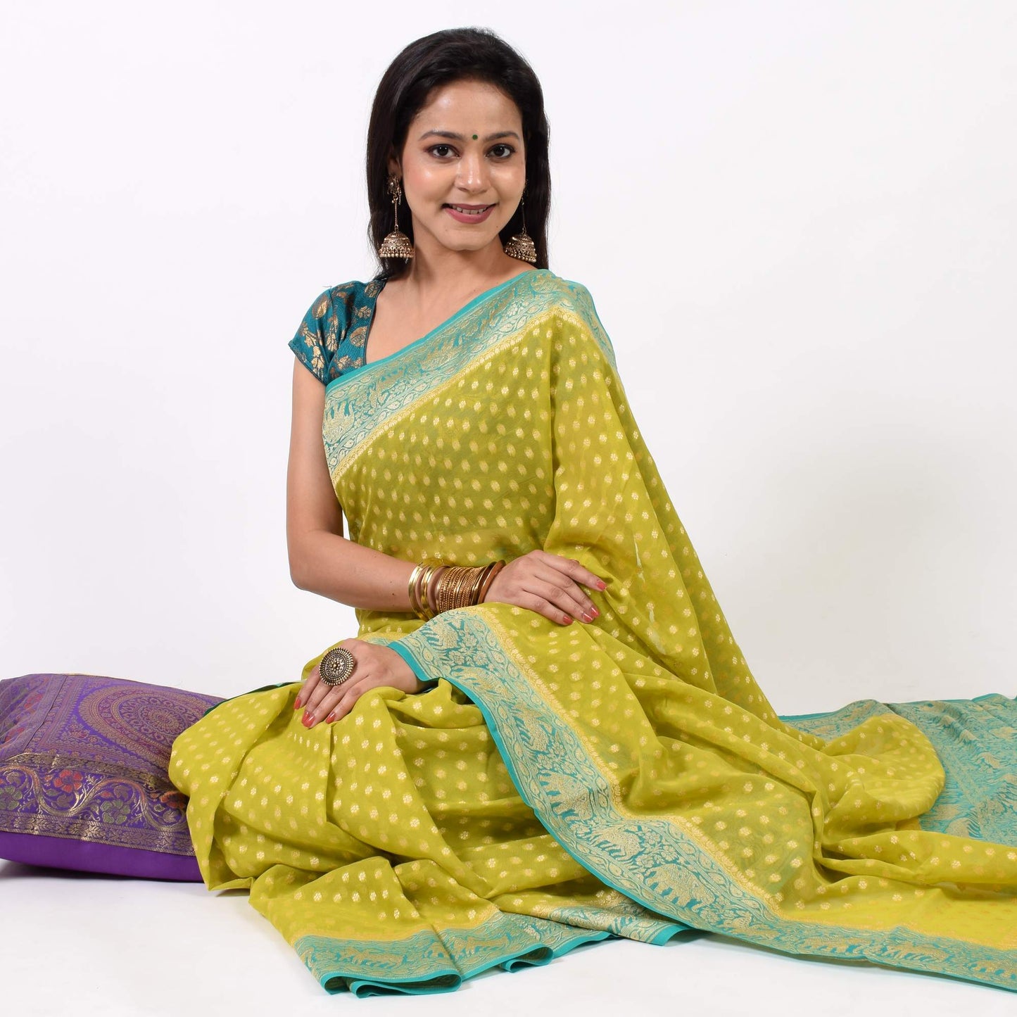 Green Pure Khaddi Georgette Silk Banarasi Handloom Premium Saree Fabric