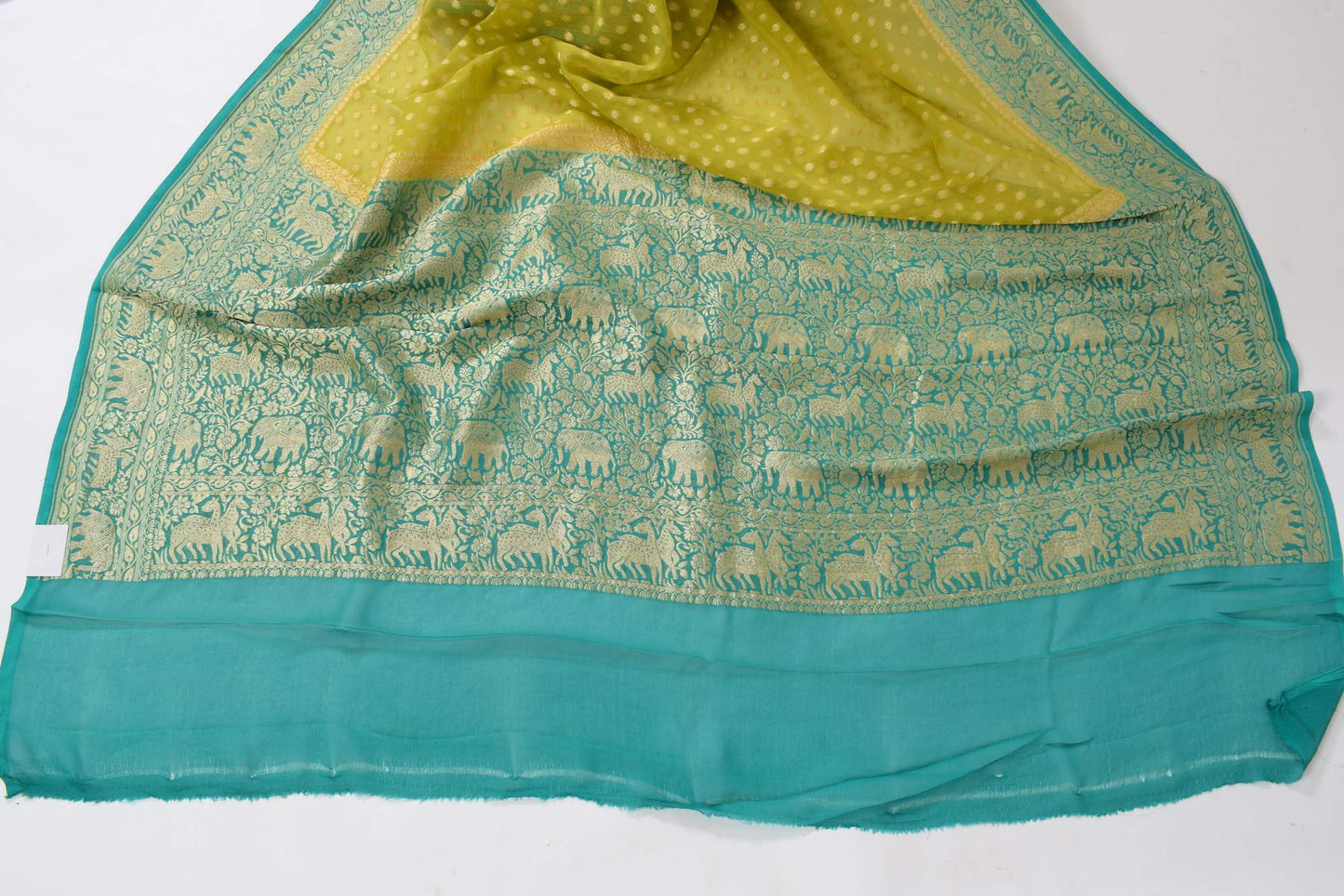 Green Pure Khaddi Georgette Silk Banarasi Handloom Premium Saree Fabric