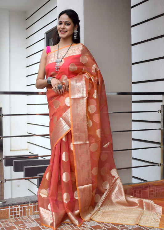 Peach Multi Shades Banarasi Organza Saree with Zari Woven Buta Rich Pallu&Border