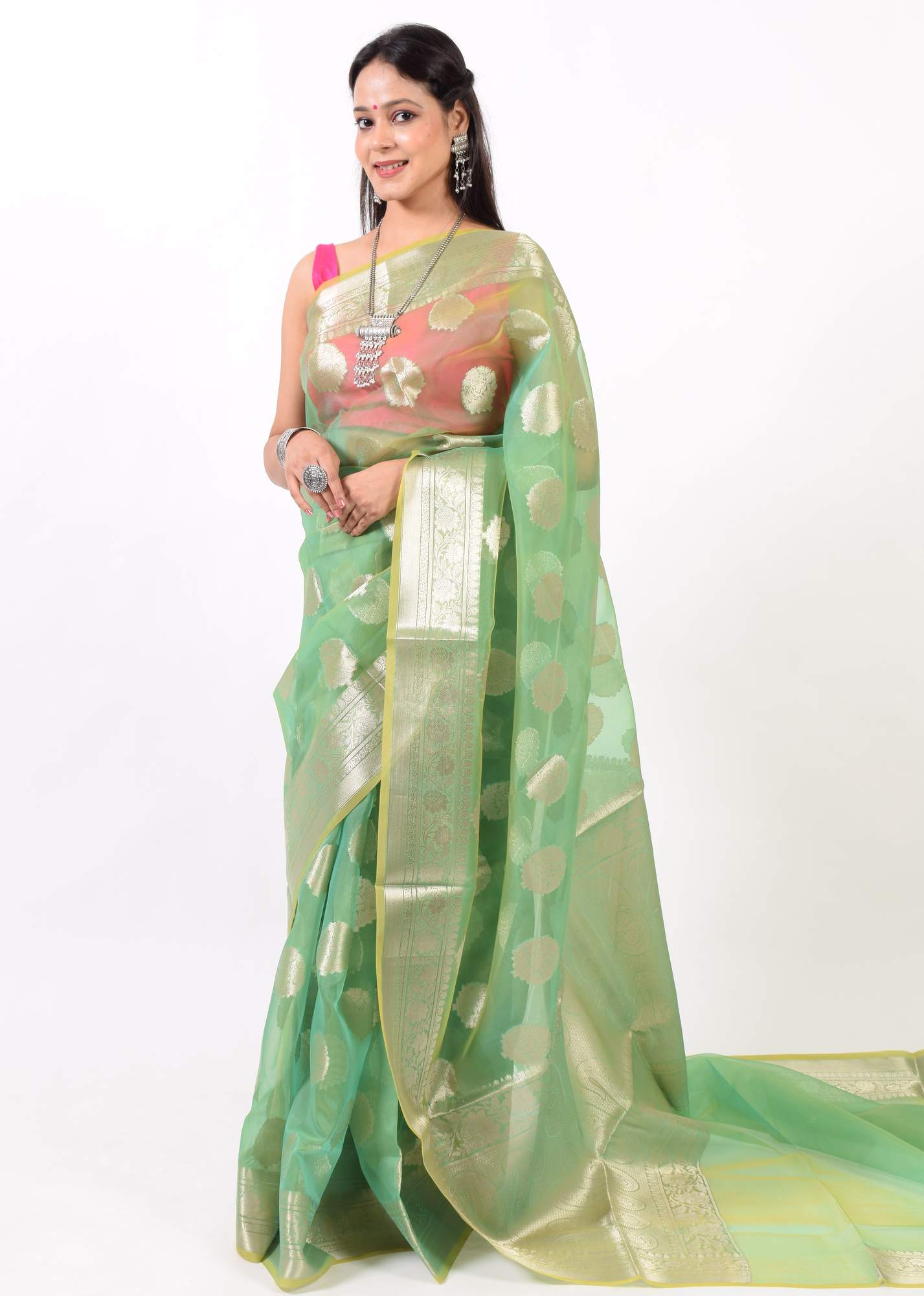 Green Shades Banarasi Organza Saree with Zari Woven Buta Rich Pallu & Border