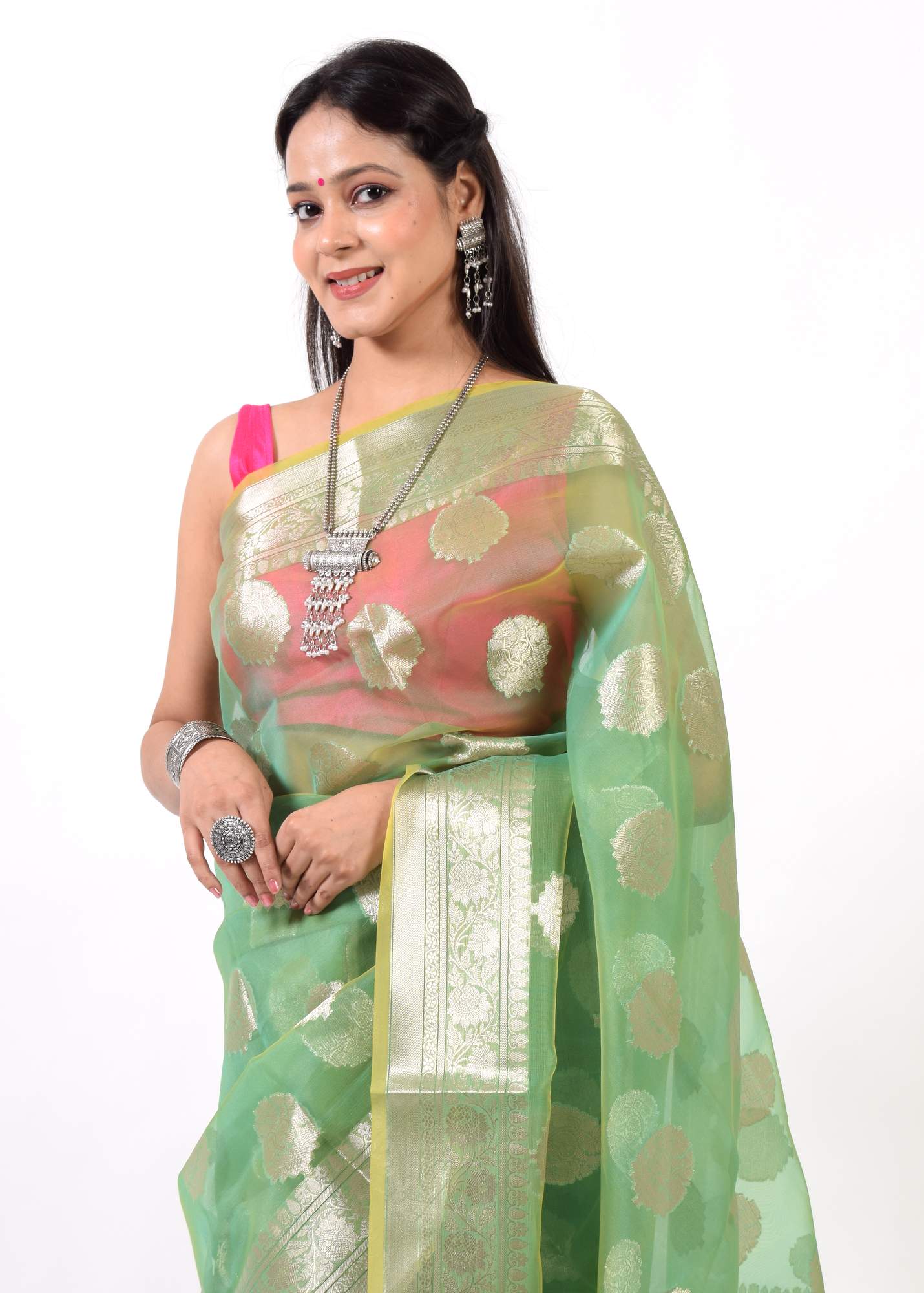 Green Shades Banarasi Organza Saree with Zari Woven Buta Rich Pallu & Border
