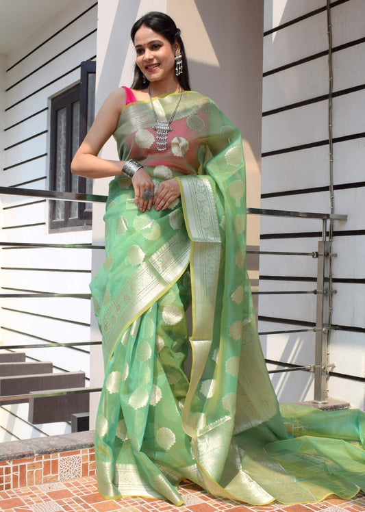 Green Shades Banarasi Organza Saree with Zari Woven Buta Rich Pallu & Border