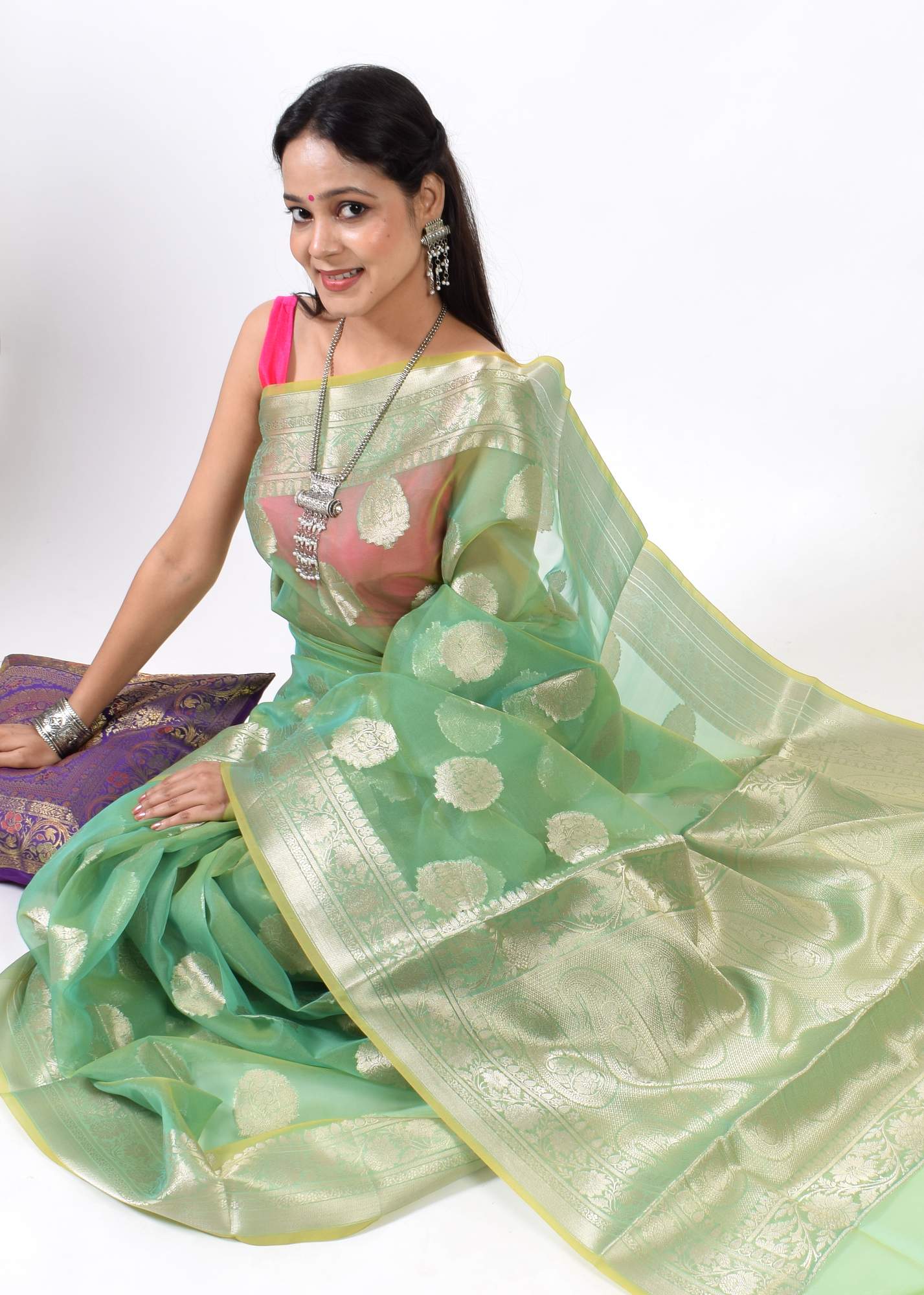 Green Shades Banarasi Organza Saree with Zari Woven Buta Rich Pallu & Border