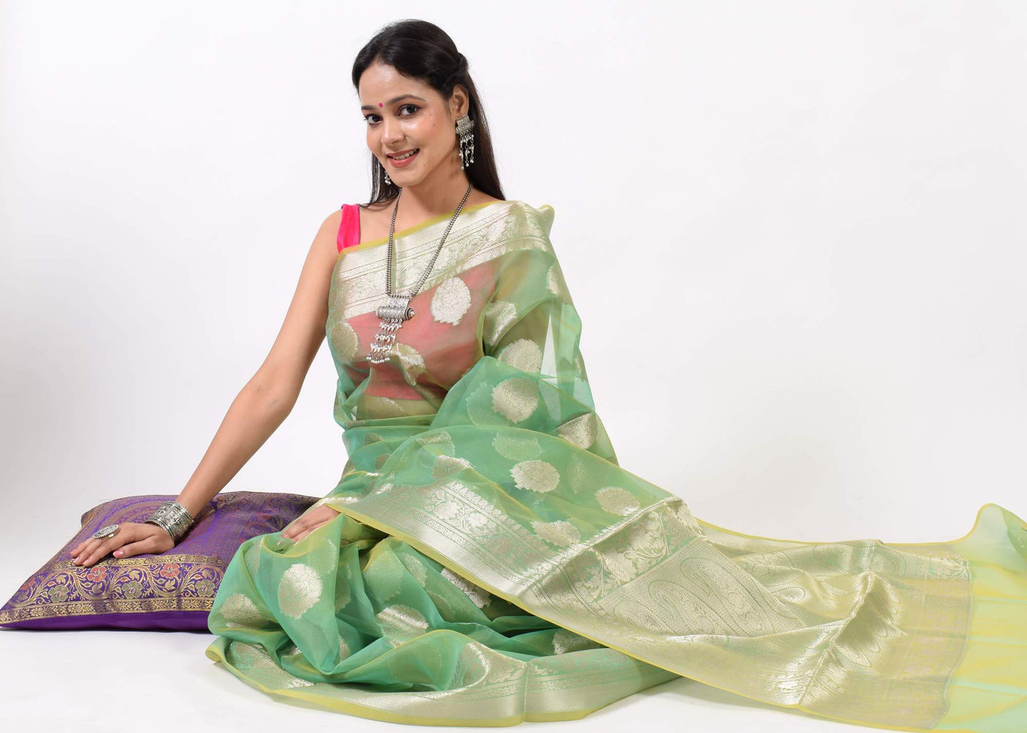Green Shades Banarasi Organza Saree with Zari Woven Buta Rich Pallu & Border