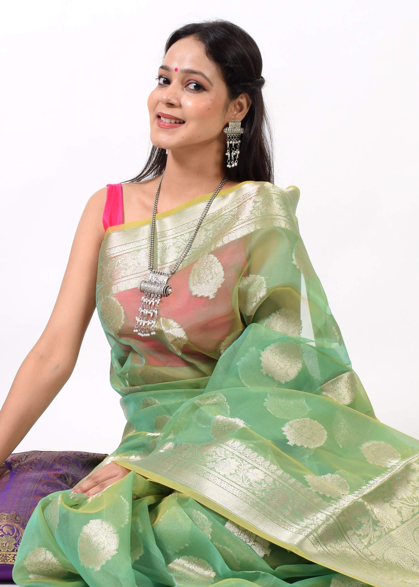 Green Shades Banarasi Organza Saree with Zari Woven Buta Rich Pallu & Border