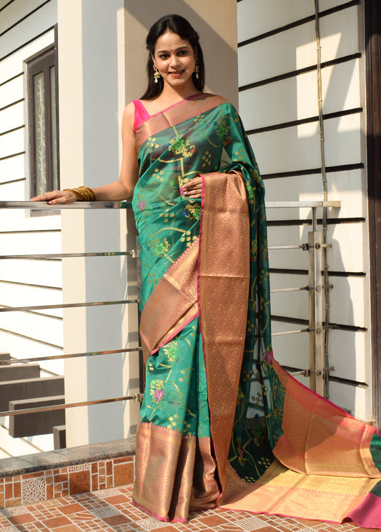Green Banarasi Semi Cotton Silkly Tilfi Zaal Saree Zari Woven Skirt Border Sari