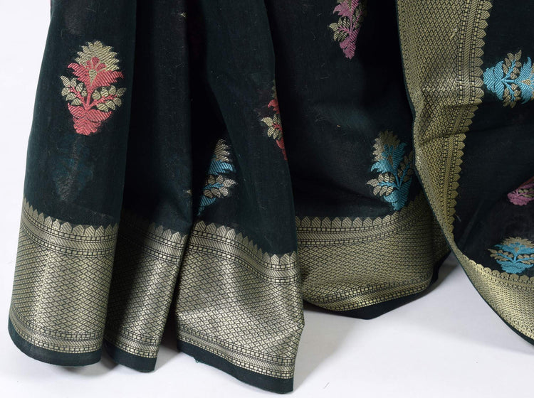 Green Magenta Banarasi Semi Cotton Floral Tilfi Buta Saree Woven Zari Border