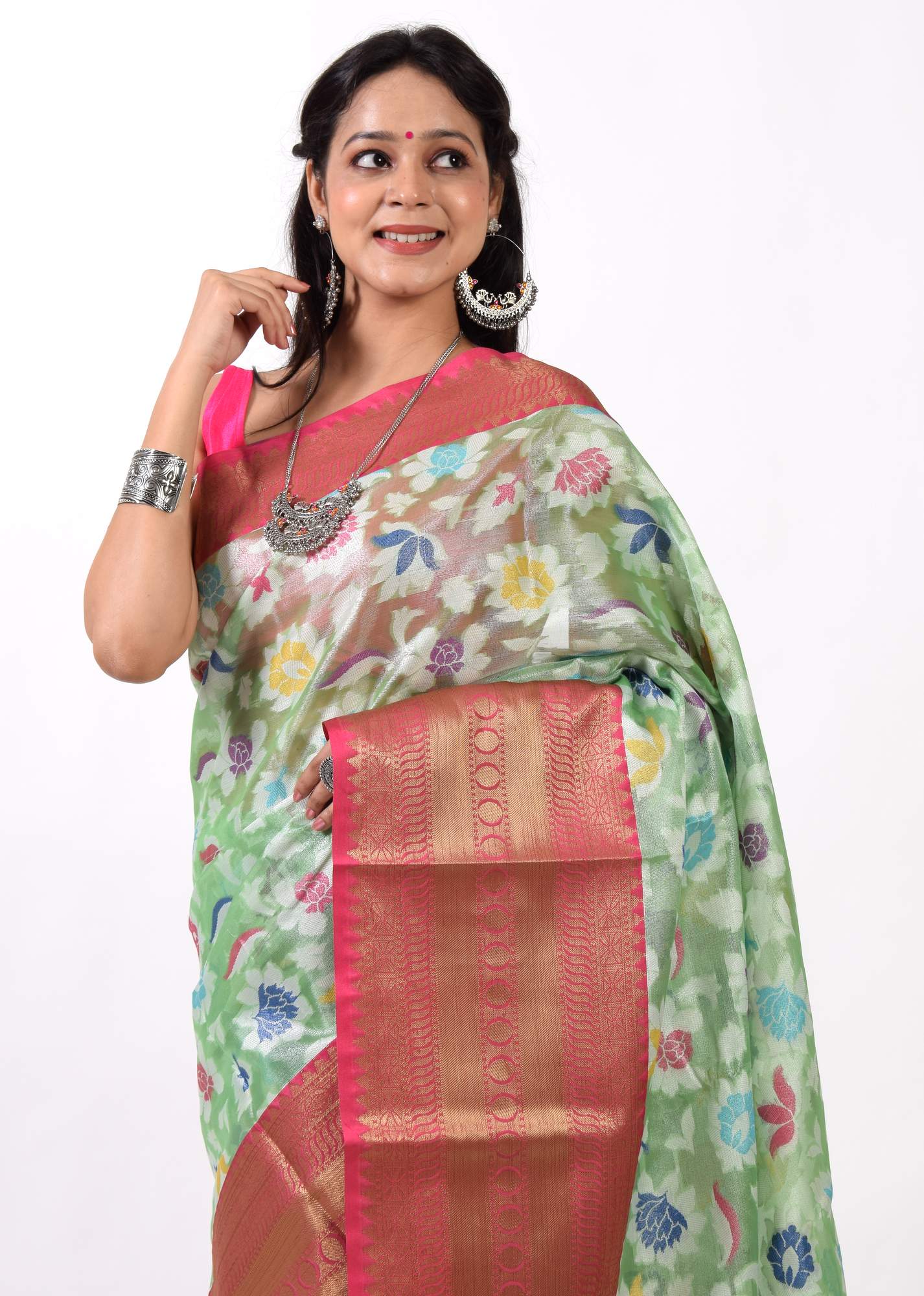 Green Banarasi Semi Tissue Silk Floral Tilfi Zaal Zari Woven Skirt Border Sari
