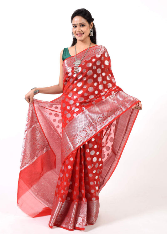 Red Banarasi Semi Georgette Soft Silk Silver Zari Woven Broad Floral Border Sari