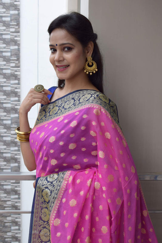Banarasi Vastra Woven Saree Semi Georgette Soft Floral Buta Zari Sari Magenta