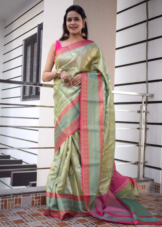 Green Banarasi Semi Tissue Silk Zari Woven Tanchoi Skirt Border Sari Fabric