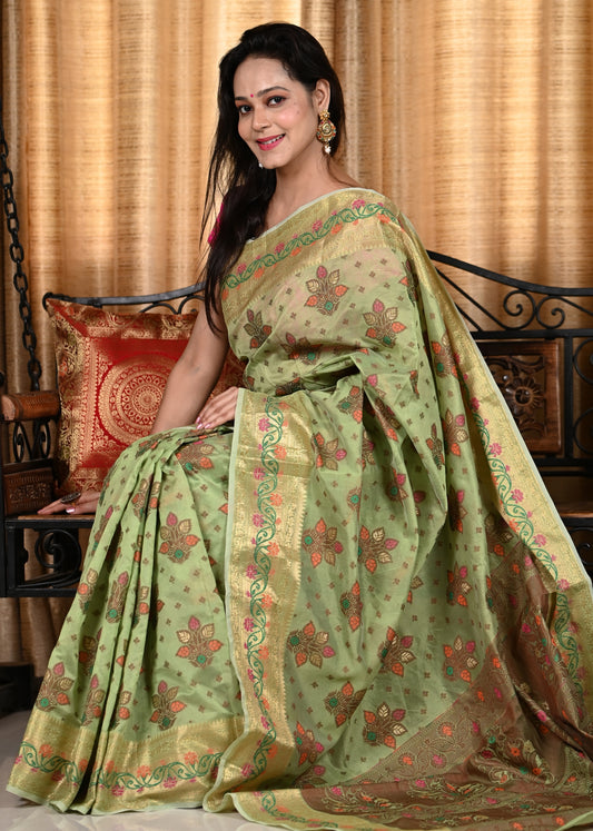 Banarasi Vastra Chanderi Silk Saree with Resham Tilfi Buta Floral Zari Border