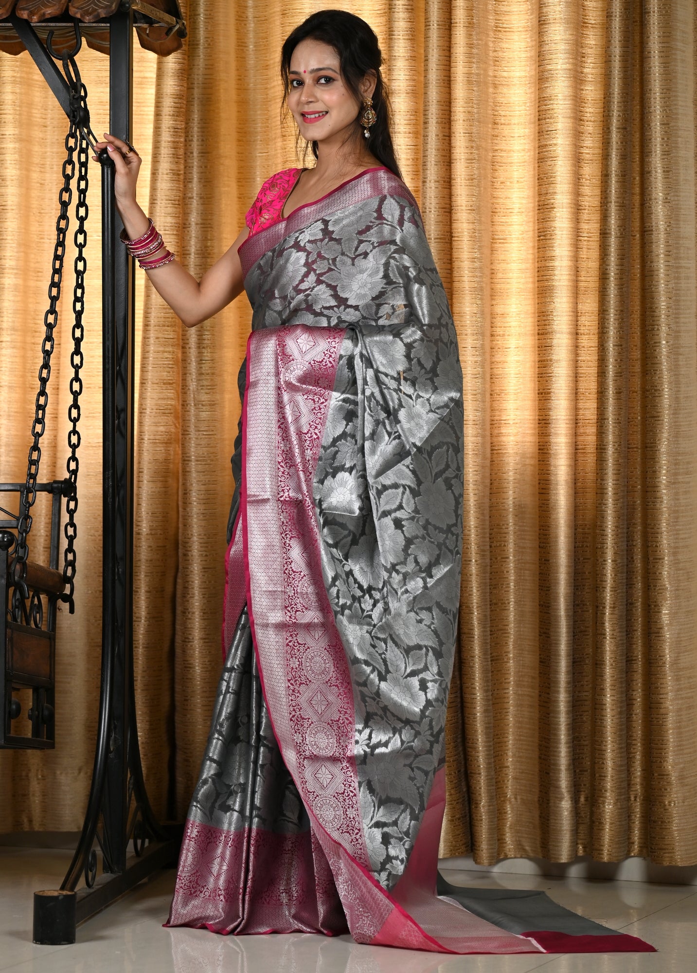 Banarasi Vastra Chanderi Silk Woven Saree with Silver Zari Brocade Floral Zaal