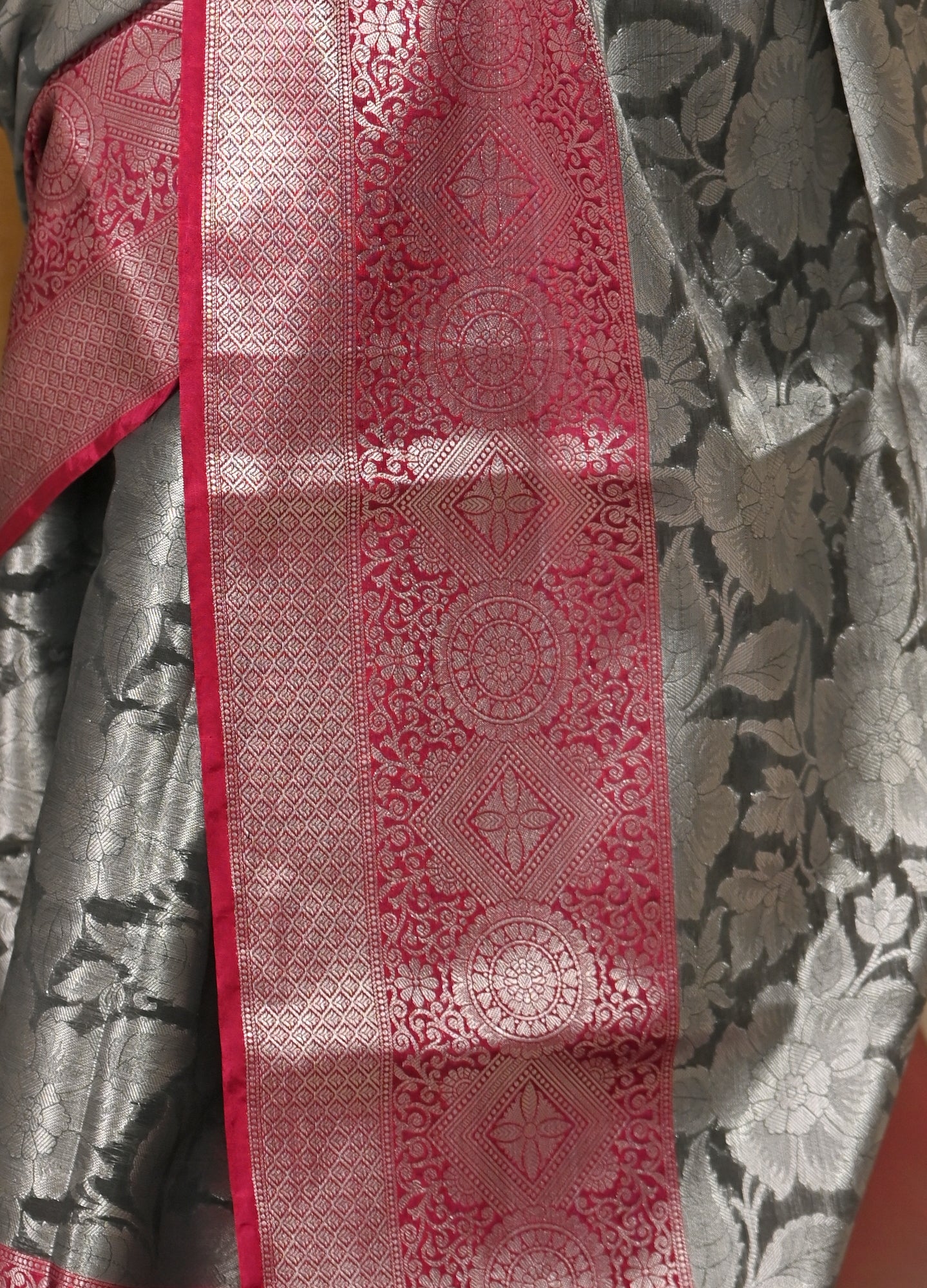Banarasi Vastra Chanderi Silk Woven Saree with Silver Zari Brocade Floral Zaal