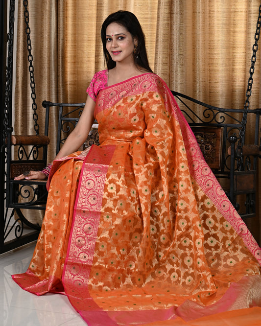 Banarasi Vastra Kora Silk Moonga Check Zari Zaal Contrast Pallu Border Orange