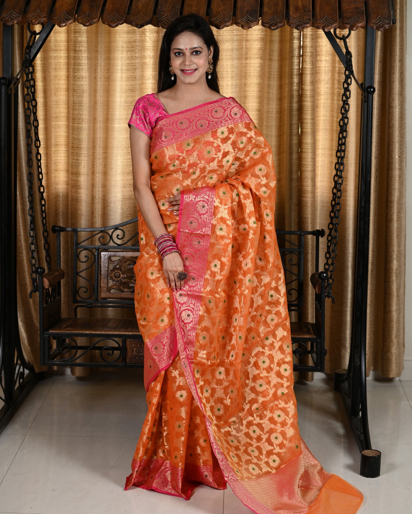 Banarasi Vastra Kora Silk Moonga Check Zari Zaal Contrast Pallu Border Orange