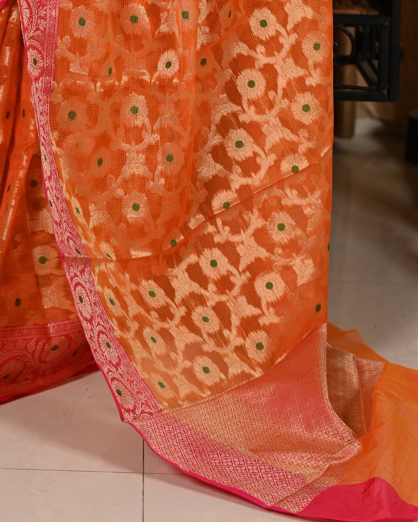 Banarasi Vastra Kora Silk Moonga Check Zari Zaal Contrast Pallu Border Orange