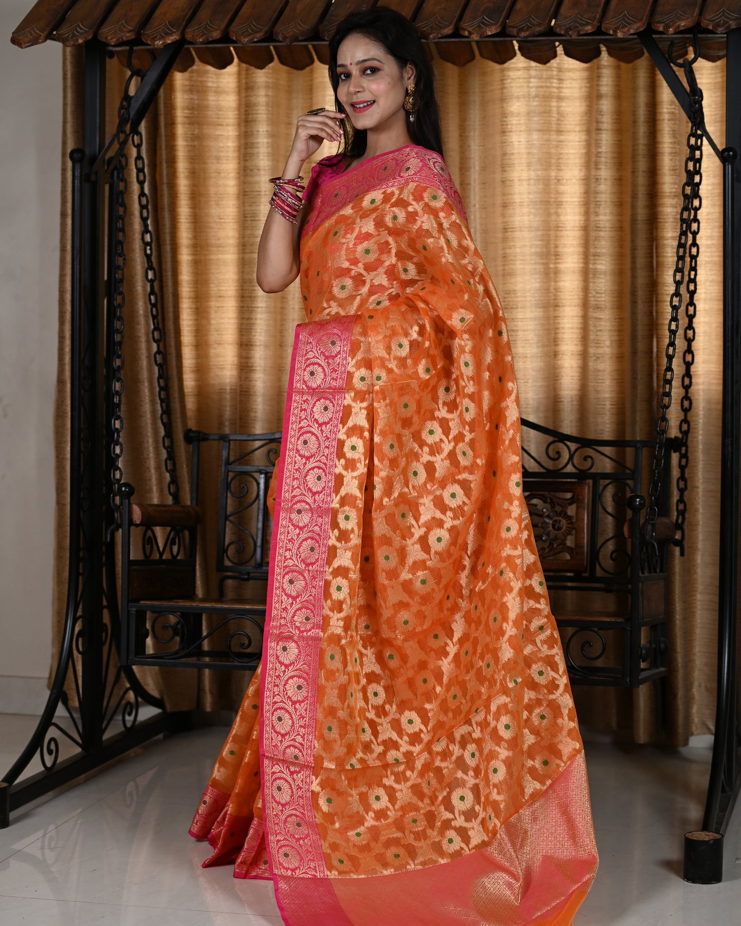 Banarasi Vastra Kora Silk Moonga Check Zari Zaal Contrast Pallu Border Orange