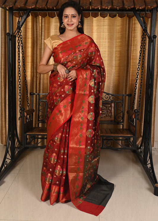 Banarasi Vastra Kora Silk Saree with Meena Tilfi Buta Zari Resham Woven Sari