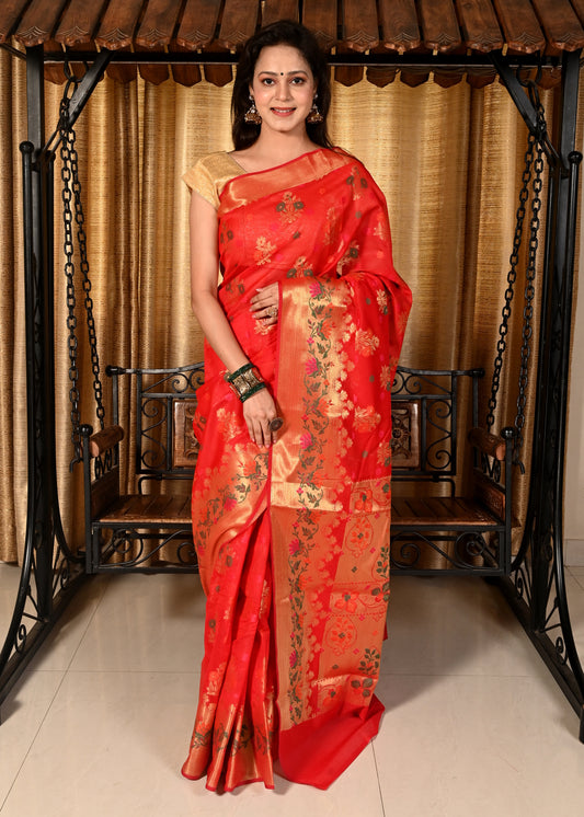 Banarasi Vastra Chanderi Silk Floral Meena Buta Saree Zari Woven Skirt Border