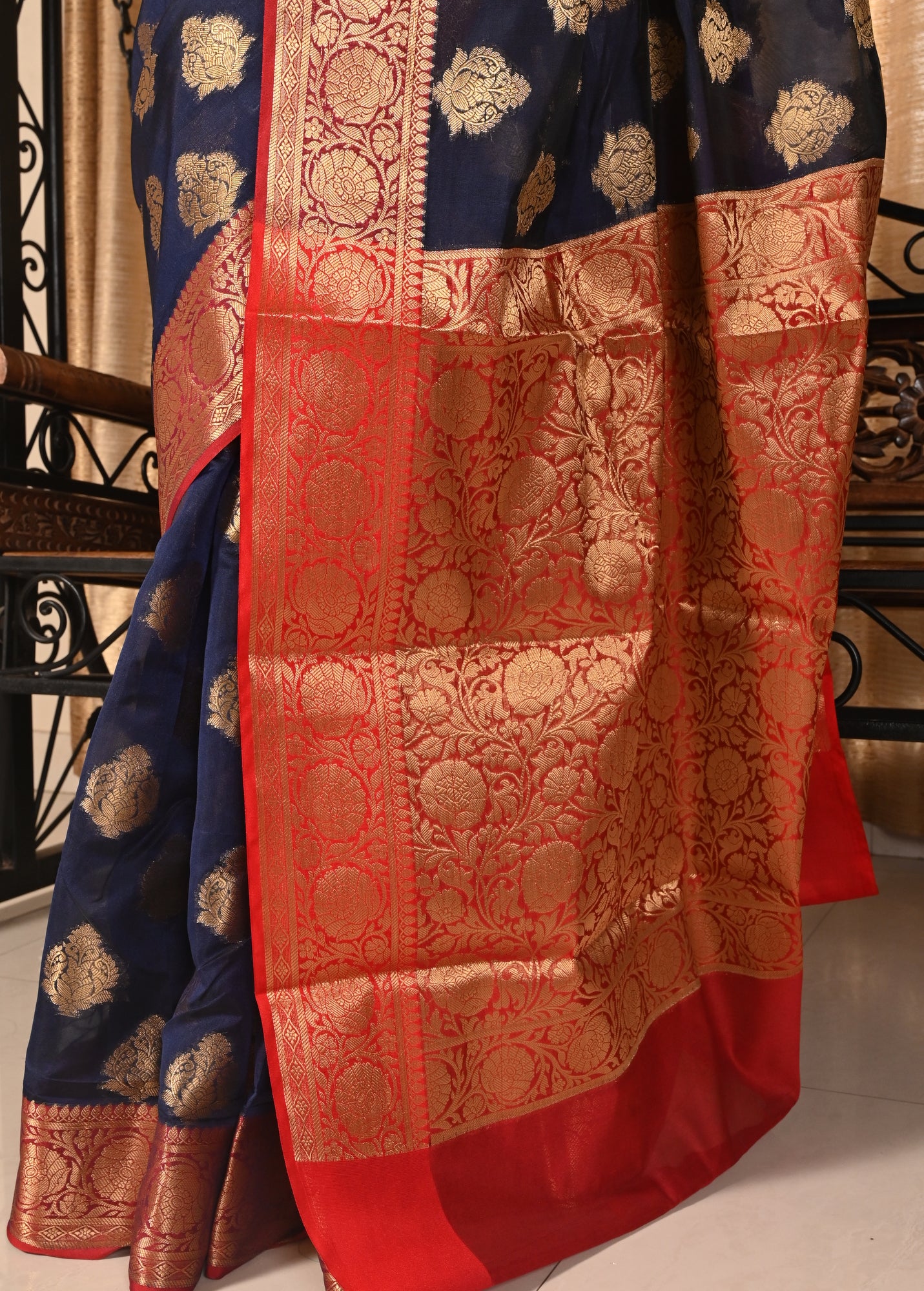 Banarasi Vastra Chanderi Silk Gray Blue Saree with Zari Woven Floral Motifs Sari