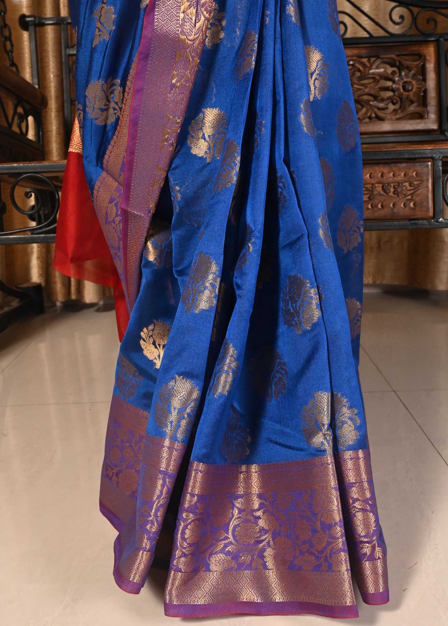 Banarasi Vastra Chanderi Silk Blue Saree with Zari Woven Floral Motifs Border